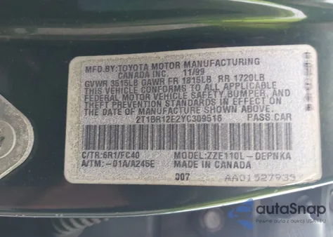 2000 Toyota Corolla Le from USA, damaged, VIN 2T1BR12E2YC309516